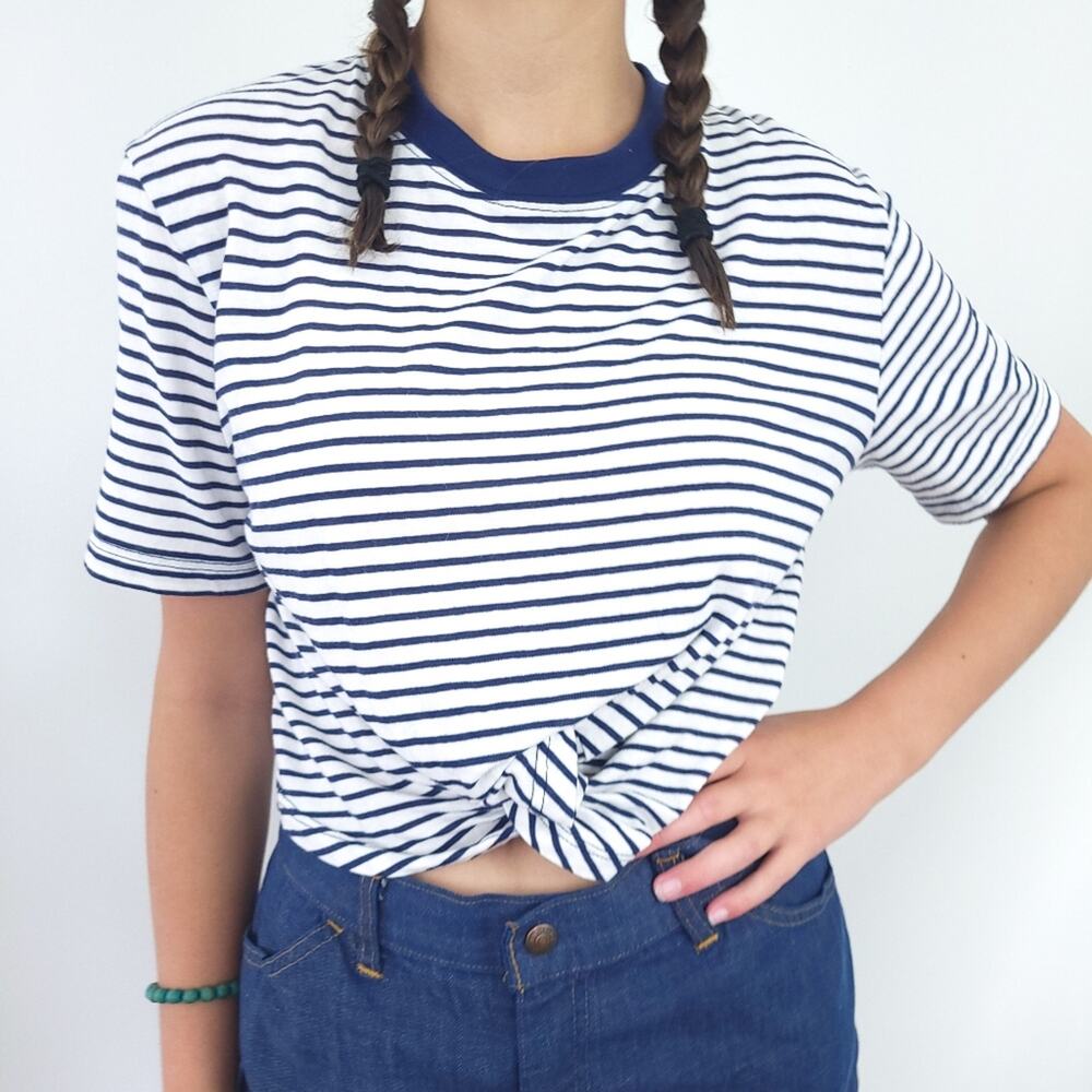 Topshop Stripe Shirt Front Knot Size 6 Blue White, Short Sleeve, Nautical Shirt